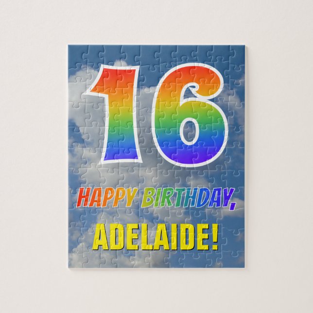 Rainbow Look "16" & "HAPPY BIRTHDAY", Cloudy Sky Jigsaw Puzzle (Vertical)