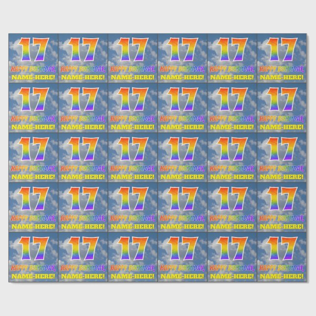 Rainbow Look "17" & "HAPPY BIRTHDAY", Clouds, Sky Wrapping Paper (Flat)