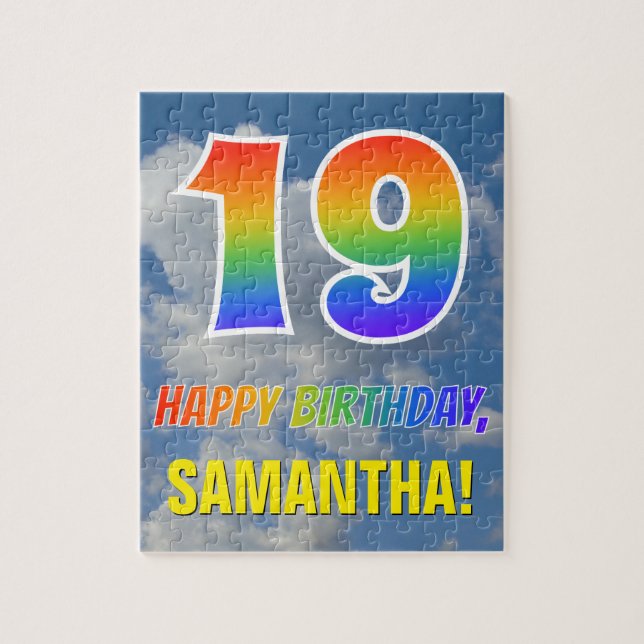Rainbow Look "19" & "HAPPY BIRTHDAY", Cloudy Sky Jigsaw Puzzle (Vertical)