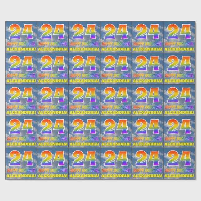 Rainbow Look "24" & "HAPPY BIRTHDAY", Clouds, Sky Wrapping Paper (Flat)