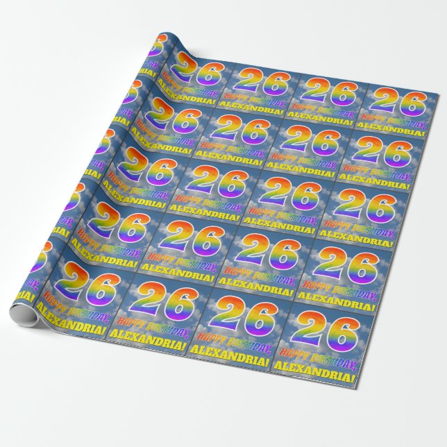 Rainbow Look "26" & "HAPPY BIRTHDAY", Clouds, Sky Wrapping Paper (Unrolled)