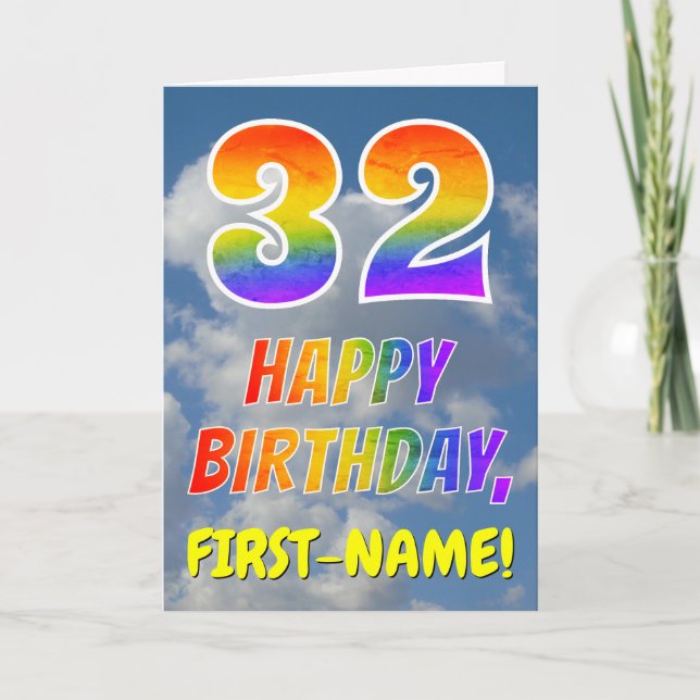 Rainbow Look "32" & "HAPPY BIRTHDAY", Clouds, Sky Card (Front)