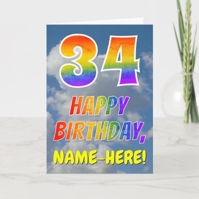 Rainbow Look "34" & "HAPPY BIRTHDAY", Clouds, Sky Card (Front)