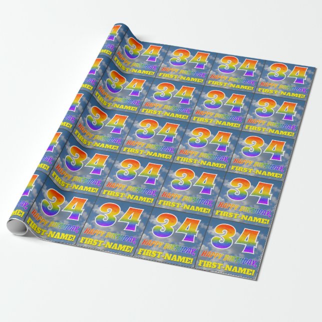 Rainbow Look "34" & "HAPPY BIRTHDAY", Clouds, Sky Wrapping Paper (Unrolled)