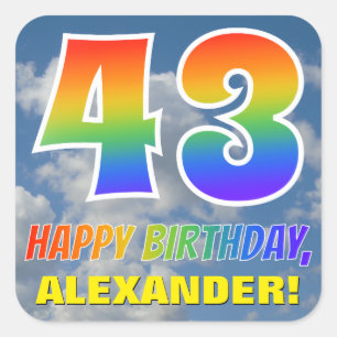 Rainbow Look "43" & "HAPPY BIRTHDAY", Clouds, Sky Square Sticker
