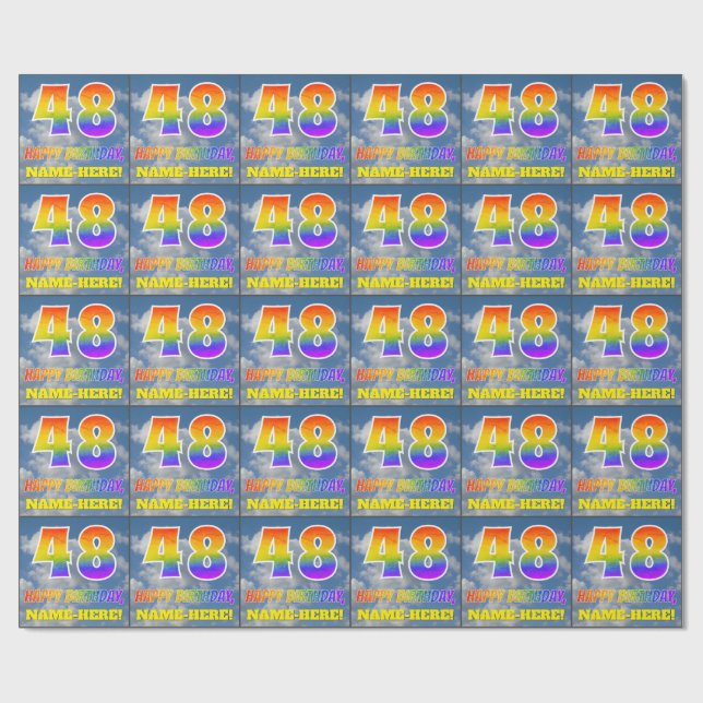 Rainbow Look "48" & "HAPPY BIRTHDAY", Clouds, Sky Wrapping Paper (Flat)