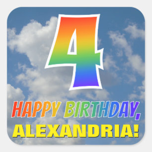 Rainbow Look "4" & "HAPPY BIRTHDAY", Clouds, Sky Square Sticker