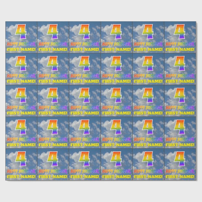 Rainbow Look "4" & "HAPPY BIRTHDAY", Clouds, Sky Wrapping Paper (Flat)