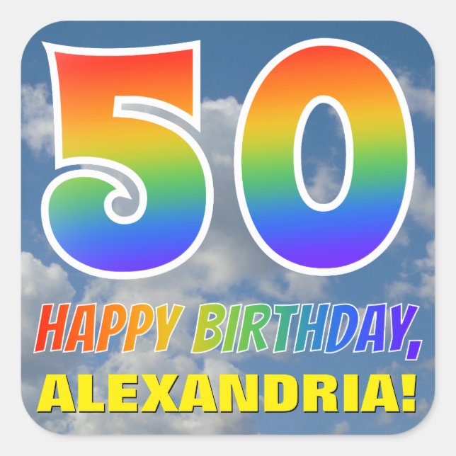 Rainbow Look "50" & "HAPPY BIRTHDAY", Clouds, Sky Square Sticker (Front)