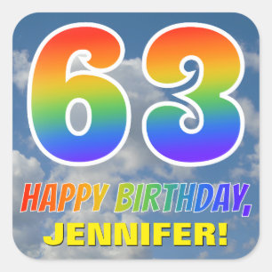 Rainbow Look "63" & "HAPPY BIRTHDAY", Clouds, Sky Square Sticker