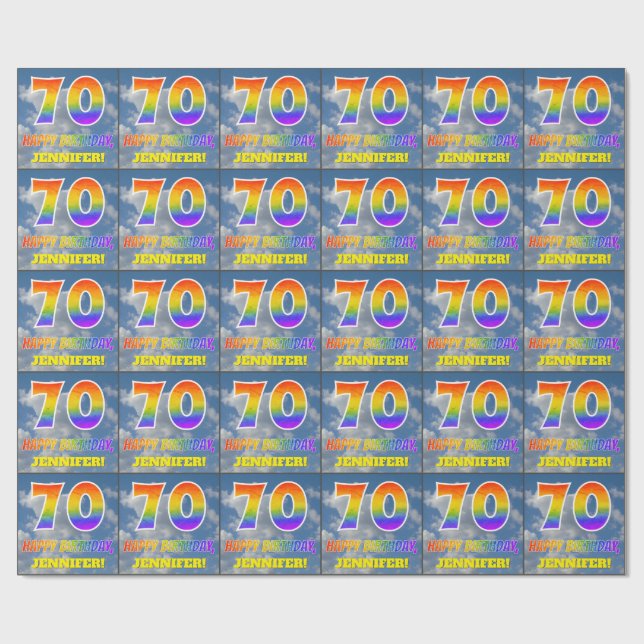 Rainbow Look "70" & "HAPPY BIRTHDAY", Clouds, Sky Wrapping Paper (Flat)