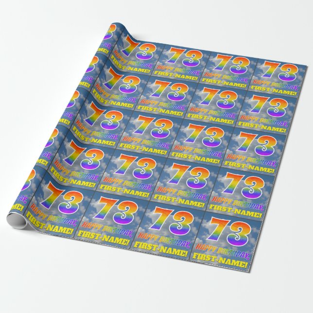 Rainbow Look "73" & "HAPPY BIRTHDAY", Clouds, Sky Wrapping Paper (Unrolled)
