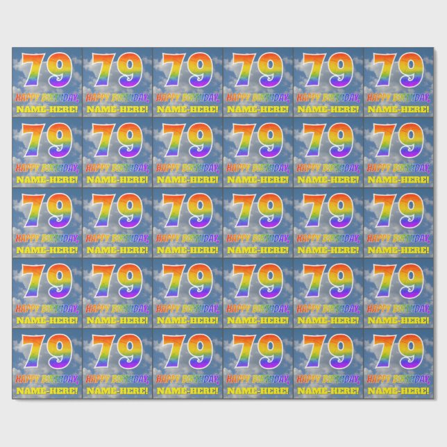 Rainbow Look "79" & "HAPPY BIRTHDAY", Clouds, Sky Wrapping Paper (Flat)