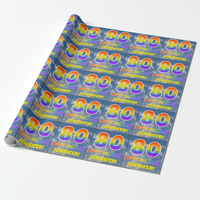 Rainbow Look "80" & "HAPPY BIRTHDAY", Clouds, Sky Wrapping Paper (Unrolled)