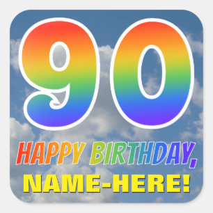 Rainbow Look "90" & "HAPPY BIRTHDAY", Clouds, Sky Square Sticker