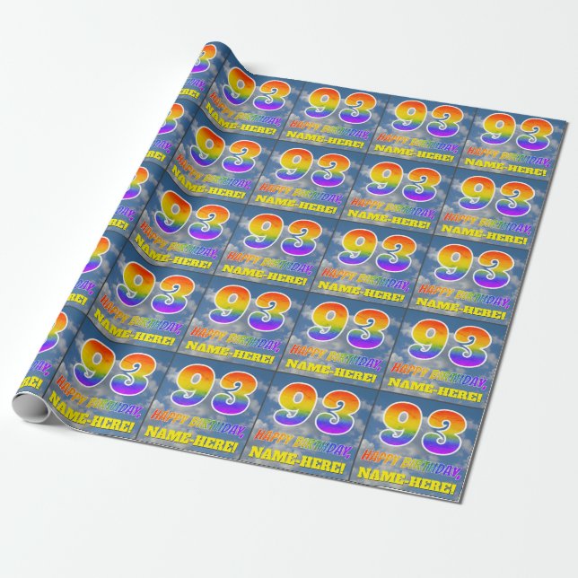 Rainbow Look "93" & "HAPPY BIRTHDAY", Clouds, Sky Wrapping Paper (Unrolled)