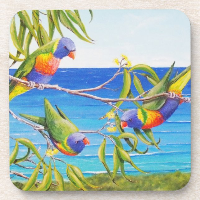 Rainbow Lorikeet Beach Painting Birds Coaster (Front)