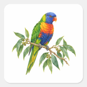 Rainbow Lorikeet on Eucalyptus Watercolor Art Square Sticker