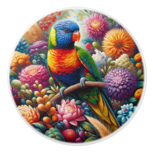 Rainbow Lorikeet Parrot with Colourful Flowers Ceramic Knob