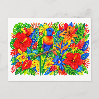 Rainbow Lorikeet Tropical Hibiscus Lily Marker Art Postcard