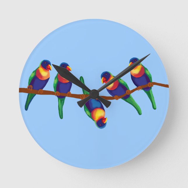 Rainbow lorikeets on a branch round clock (Front)