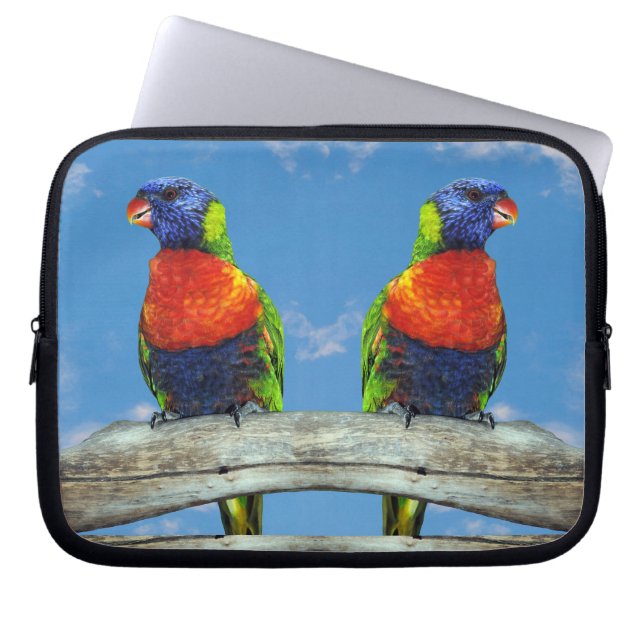 Rainbow lorikeets two perched on a branch laptop sleeve (Front)