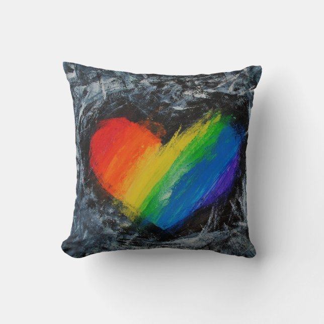 Rainbow love heart grunge abstract striped cushion (Front)