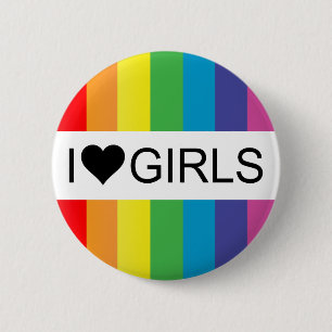 rainbow love. i heart girls. 6 cm round badge