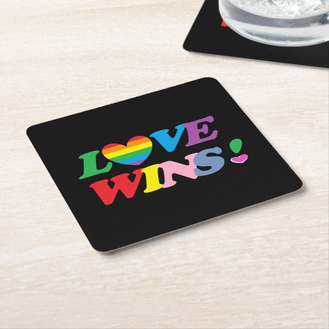 Rainbow Love Wins Pride Heart LGBT Square Paper Coaster (Angled)