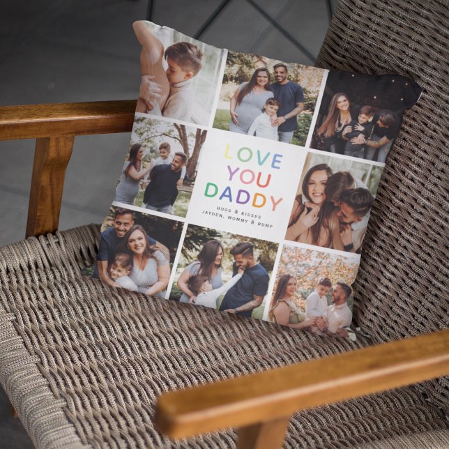 Rainbow 'LOVE YOU DADDY' Photo Collage Keepsake Cushion (Cute Keepsake LOVE YOU DADDY Photo Collage Pillow)