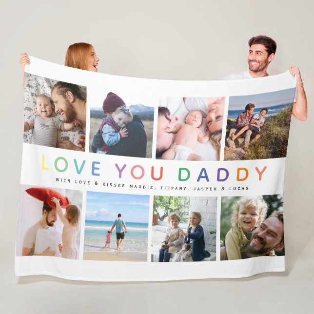 Rainbow 'LOVE YOU DADDY' Photo Collage Keepsake Fleece Blanket (In Situ)