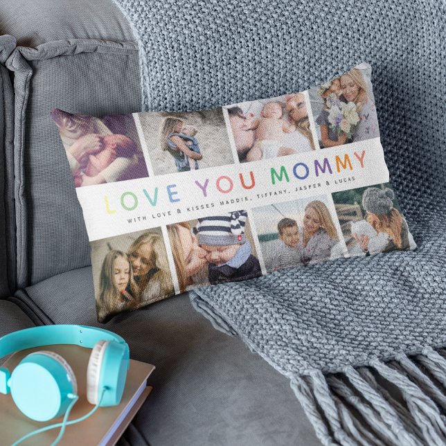 Rainbow 'LOVE YOU MOMMY' Photo Collage Keepsake Lumbar Cushion (Creator Uploaded)
