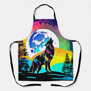 Rainbow Lunar Wolf Howl Art Apron
