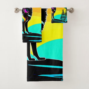 Rainbow Lunar Wolf Howl Art Bath Towel Set