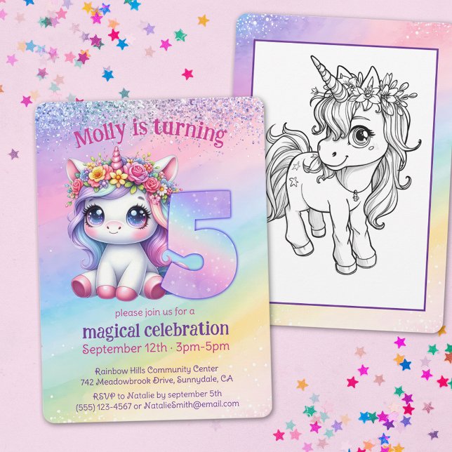 Rainbow magical Unicorn 5th birthday Invitation (Creator Uploaded)