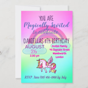 Rainbow Magical Unicorn Party Happy Birthday Invitation