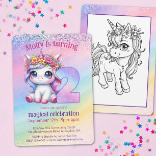 Rainbow magical Unicorn turning 2 birthday Invitation