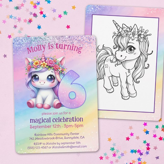 Rainbow magical Unicorn turning 6 birthday Invitation (Creator Uploaded)