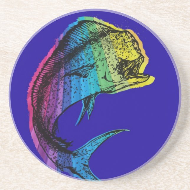 Rainbow Mahi Mahi on Ocean Blue Coaster (Front)