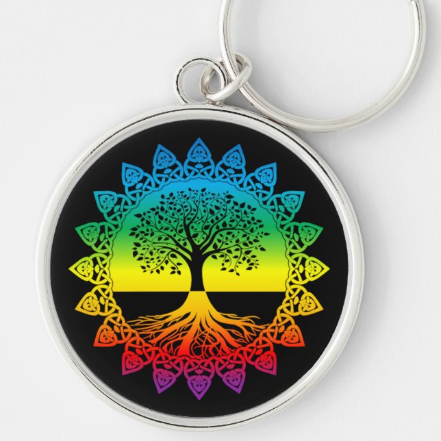 Rainbow Mandala Celtic Tree of Life on Black Key Ring (Front)