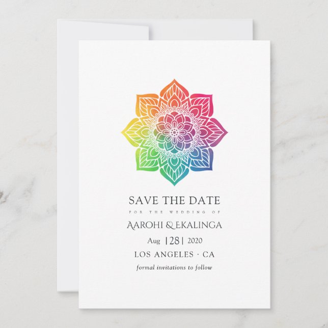 Rainbow Mandala Indian Wedding Save The Date (Front)