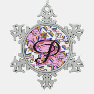 Rainbow Mandala Pride Monogram - Vibrant Geometric Snowflake Pewter Christmas Ornament