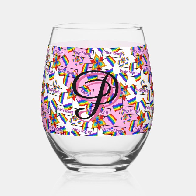 Rainbow Mandala Pride Monogram - Vibrant Geometric Stemless Wine Glass (Front)