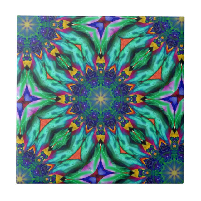 Rainbow Mandala Psychedelic Kaleidoscope Ceramic Tile (Front)