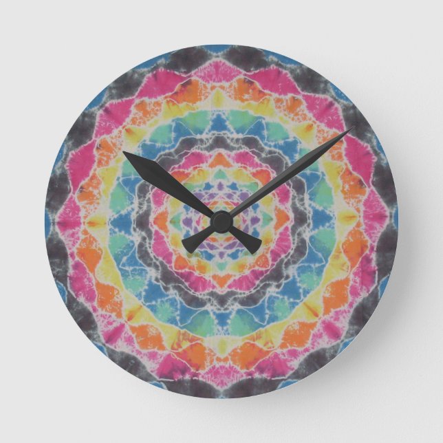 Rainbow Mandala Tie Dye PhatDyes Round Clock (Front)