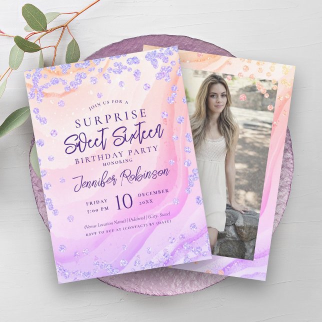 Rainbow Marble Glitter Photo SURPRISE Sweet 16   Invitation (Rainbow Marble Glitter Photo SURPRISE Sweet 16 Invitation)