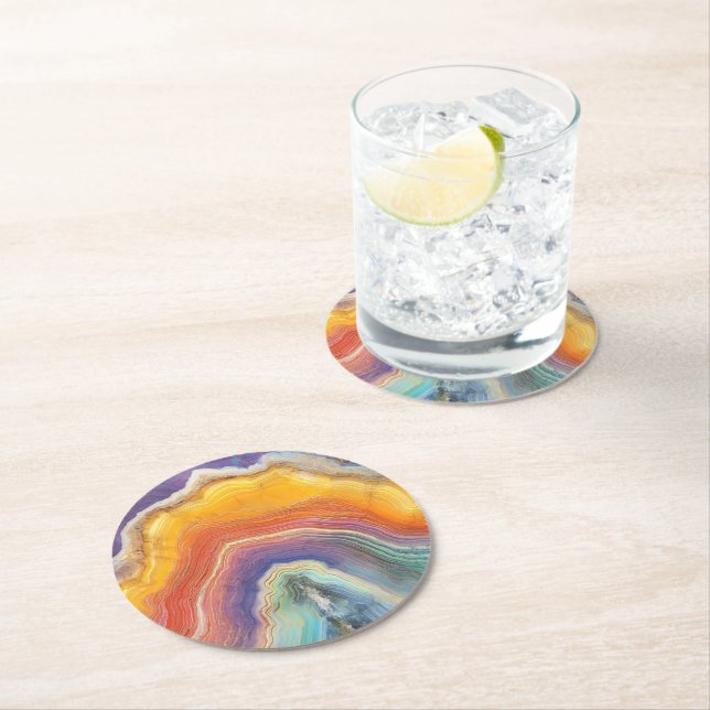 Rainbow Marble Pattern Round Paper Coaster (Insitu)