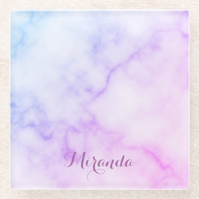 Rainbow Marble Pattern with Personalised Name Glass Coaster (Front)