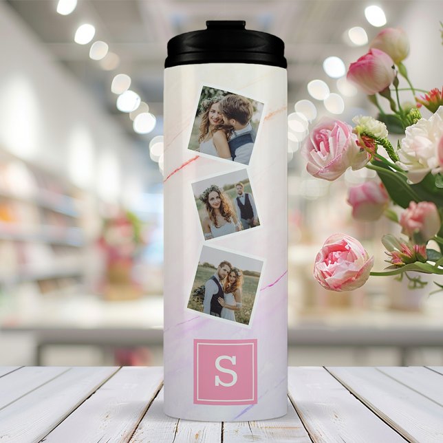 Rainbow Marble Trendy Photo Collage Monogram Thermal Tumbler (Creator Uploaded)