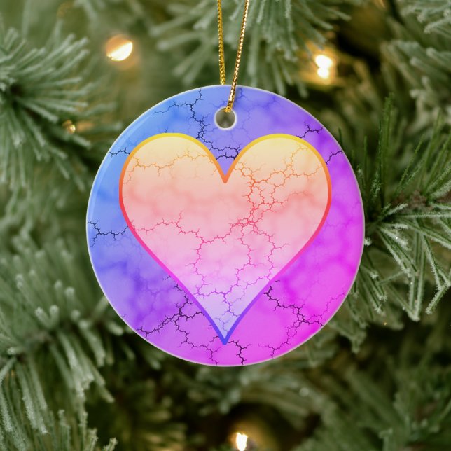 Rainbow Marbled Heart Ceramic Ornament (Tree)